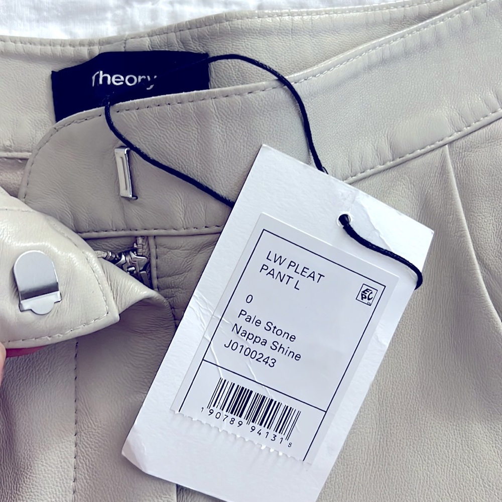 NWT Theory Pleated Leather Straight Leg Pant in Pale Stone - Picture 7 of 11